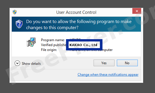 Screenshot where KAKAO Co., Ltd appears as the verified publisher in the UAC dialog